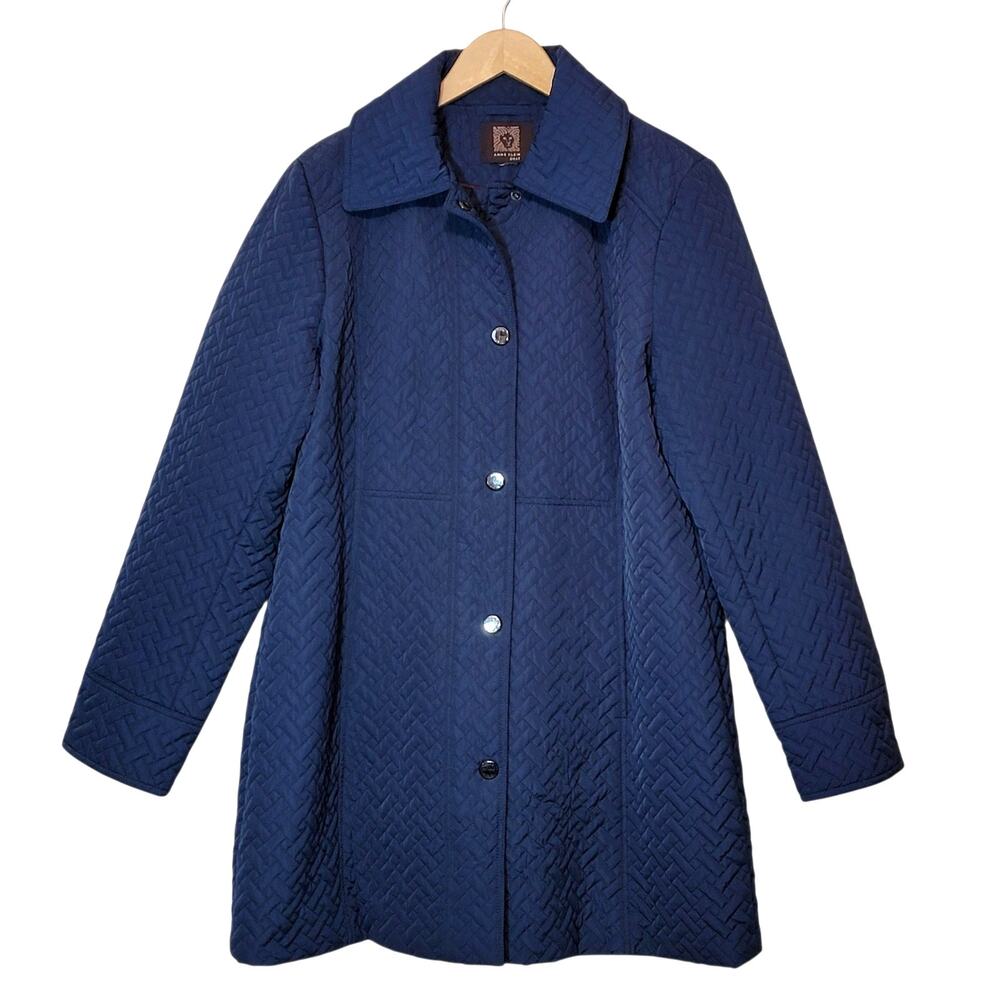 Anne Klein Blue Quilted A-Line Mid Length Snap Front Coat Size L/XL Chic - Picture 1 of 16